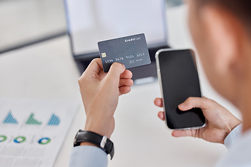 Image showing Businessman, hands and phone with credit card for online shopping, banking or finance at office. Hand of man employee or shopper with debit and smartphone for bank payment or ecommerce at workplace