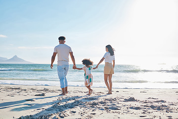 Image showing Love, family and walking on beach for summer vacation or mom or dad and kid relax on a seaside holiday for quality bonding time. Mother, father and child on nature travel or adventure or journey