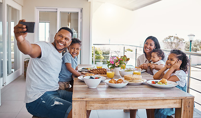 Image showing Outdoor family selfie, lunch and kids with father, mother and daughter with smile, food or social media app. Man, boy children or summer brunch on patio for nutrition, baby or profile picture on blog