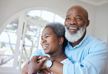 Image showing Senior black couple, hug and together in a home with love, care and commitment. Face of african woman and man thinking about happy marriage, retirement lifestyle and happiness or life insurance