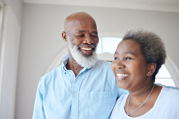 Image showing Senior black couple, smile and together in a happy home with love, care and commitment. Face of an african woman and man thinking about marriage, retirement lifestyle and happiness with a hug