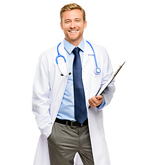 Image showing Portrait, doctor and man with a clipboard, smile and confident guy isolated against a white studio background. Face, happy male person and medical professional with documents, healthcare and wellness
