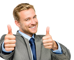 Image showing Portrait, happy and thumbs up with a business man in studio isolated on a white background for motivation. Professional face, like and male employee in suit for yes, thank you or success for support
