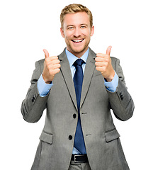 Image showing Portrait, thank you and thumbs up with a business man in studio isolated on a white background for motivation. Professional, smile and a happy accountant in a suit to gesture like or yes in support