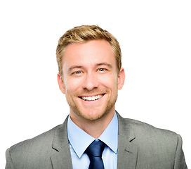 Image showing Portrait, smile and corporate with a business man in studio isolated on a white background for work. Professional, confident and a happy male accountant in a suit for his finance or banking career