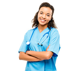 Image showing Healthcare, portrait of woman doctor and smile against a white background with stethoscope. Happiness, medical and female nurse or surgeon smiling against a studio backdrop for health wellness