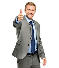 Image showing Portrait, smile and thumbs up with a business man in studio isolated on a white background for motivation. Professional, like and a happy male accountant in a suit to say yes or thank you for support