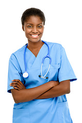 Image showing Portrait, doctor and black woman with arms crossed in white background for healthcare, clinic or hospital. Happy, nurse and medical expert in studio for wellness with confident, support and care