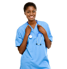 Image showing Studio, doctor and black woman with stethoscope in white background for healthcare, clinic or hospital. Nurse, portrait and medical professional in wellness with confident, happy and expert care