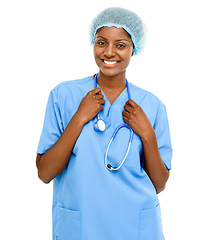 Image showing Portrait, doctor and black woman with stethoscope in white background for healthcare, clinic or hospital. Smile, nurse and medical expert in studio with confident, happy or professional care