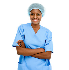 Image showing Studio, nurse and Indian woman with arms crossed in white background for healthcare, clinic or hospital. Doctor, portrait and medical professional in wellness with confident, happy and expert care