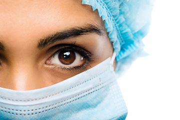 Image showing Healthcare, close of woman doctor with face mask and against a white background. Medical health wellness, covid 19 and female nurse or surgeon with facial protection against a studio backdrop