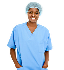 Image showing Studio, nurse and Indian woman in health care in white background for medicine, clinic or hospital. Doctor, portrait and medical professional in wellness with confident, happy and expert care