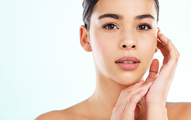 Image showing Face, skincare and beauty of woman in studio isolated on a white background mockup. Portrait, natural and serious female model with makeup, cosmetics and facial dermatology, healthy skin and wellness