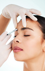 Image showing Skincare, woman and face syringe for plastic surgery in studio isolated on white background. Facial, injection and cosmetics of female model with collagen filler for dermatology, beauty or aesthetic.