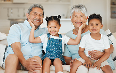 Image showing Family, grandparents and grandkids smile in portrait, happiness and bonding at home. Love, care and trust with elderly people and young children in living room, relationship and happy at house