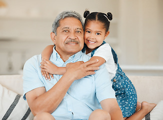 Image showing Family, grandfather and grandchild hug with smile in portrait, happiness and bonding at home. Love, care and trust with elderly man and happy young child with embrace, affection and living room couch