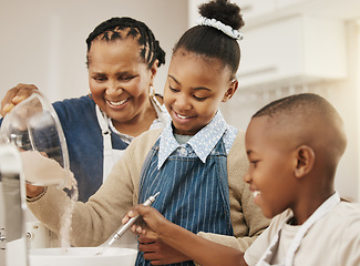 Image showing Family with smile, grandmother teaching kids baking and learning cooking skill in kitchen with help and support. Old woman with girl and boy, development with growth and bake with ingredients at home
