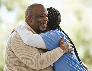 Image showing Senior man, caregiver and hug for support, healthcare and happiness at retirement home. Happy elderly patient and black woman or nurse together for trust, homecare and help for health and wellness