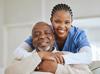 Image showing Senior man, nurse and hug portrait on a sofa for support, healthcare and happiness at retirement home. Face of patient and black woman caregiver together for trust, elderly care or help for wellness