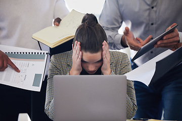 Image showing Laptop, headache and multitask with a business woman and demanding colleagues working in the office. Stress, anxiety and deadline pressure with an overwhelmed female employee at work on a computer