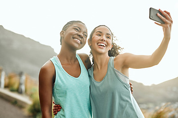 Image showing Fitness, friends and women with selfie outdoor, happy to workout together with support and motivation. Young female people, exercise and smile in picture with health and wellness with happiness