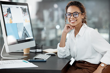 Image showing Woman at desk, computer screen with web design, portrait and website layout at digital marketing agency. Female creative with smile, working with technology and SEO with research at startup company