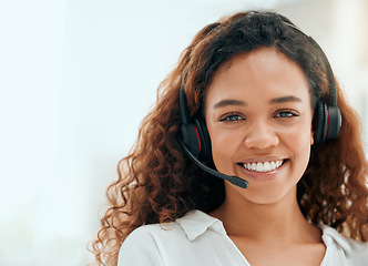 Image showing Call center woman, portrait and smile in office with pride, career vision and consulting with mockup space. Telemarketing consultant, happy and contact us for customer service, tech support and crm