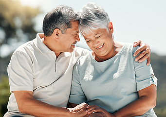 Image showing Senior couple, hug and happy in nature on vacation, holiday or summer bonding. Hugging, care and retirement of man and woman with happiness, love and enjoying quality time together on romantic date.