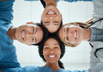 Image showing Portrait, teamwork or faces of doctors in huddle with a happy collaboration for healthcare diversity. Smiling, team building or low angle of medical nurses with group support, motivation or mission