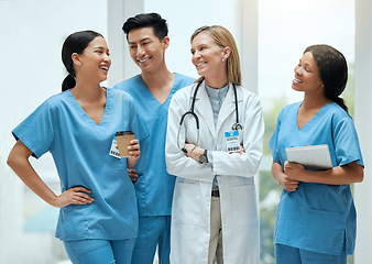 Image showing Diversity, teamwork or doctors talking on a break or laughing in a funny conversation in hospital. Happy people, joke or group of nurses medical employees on coffee breaks on lunch together in clinic