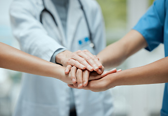 Image showing Stack, team building or hands of doctors with collaboration for healthcare goals in meeting or community. Closeup, teamwork or medical nurses with group support, motivation or mission in hospital