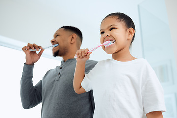 Image showing Love, girl and father brushing teeth, dental care and wellness with fresh breath, learning and development. Family, dad or daughter in a bathroom, home and oral health with female child with hygiene