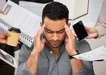 Image showing Business man, headache and overwhelmed burnout from work chaos and company in a office. Anxiety, frustrated and male employee feeling overworked from report deadline, paperwork and project problem