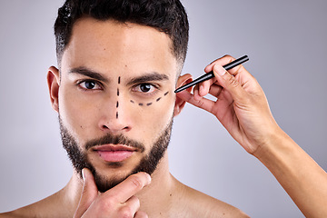 Image showing Man, face and plastic surgery marker for beauty in studio isolated on a white background. Facial, operation lines and cosmetics of male model, dermatology or skincare for serious rhinoplasty portrait