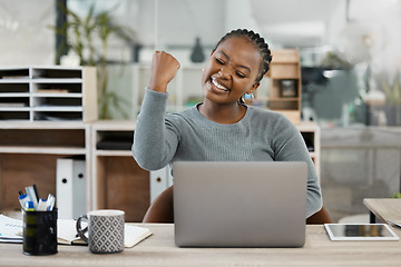Image showing Black woman, laptop and celebration with fist for winning, success or promotion bonus at office. Happy business woman employee in joyful happiness on computer for win, prize or good news at workplace