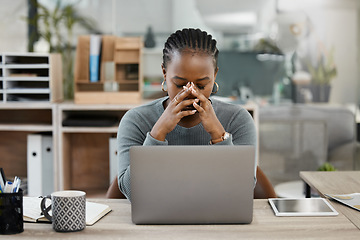 Image showing Business woman, laptop and headache in burnout, stress or depression in doubt, fail or mistake at office. Frustrated African female person or employee in anxiety or mental health problem at workplace