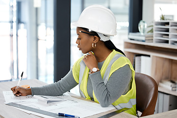 Image showing Architecture, drawing and blueprint with black woman in office for engineering, illustration and project management. Buildings, designer and construction with contractor and graphic floor plans