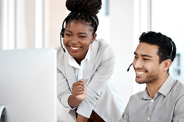 Image showing Call center, coaching and computer with business people in office for training, customer service and communication. Help desk, contact us and mentor with man and black woman for sales and teamwork