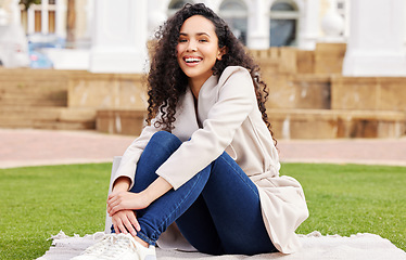 Image showing Portrait, woman and college at the park with happiness for education for learning on lawn. Female student, outdoor and grass with a smile for studying at a university with a scholarship for success.