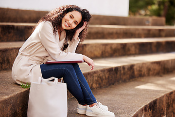 Image showing Female student, stairs and portrait with notebook with happiness at university for studying in the outdoor. College, stairs and woman with book for an education in summer for achievement at school.