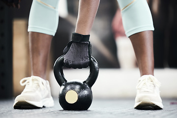 Image showing Woman, hand with weightlifting and exercise, kettlebell in gym and strong bodybuilder with muscle training. Sport, workout and bodybuilding, female athlete in fitness studio with challenge and power