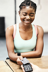 Image showing Woman, credit card and pay for gym membership, sports club customer or payment for fitness subscription. Fintech, ecommerce and athlete buying or paying for workout, training or exercise for health