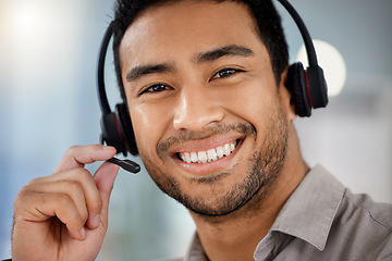 Image showing Happy young man, call center portrait and telemarketing with headphones, microphone and communication. Indian guy, customer service agent and tech support for contact us, smile or listening in office