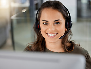 Image showing Happy young woman, call center portrait and telemarketing with headphones, microphone and communication. Girl, customer service and technical with consulting, contact us and smile in modern office