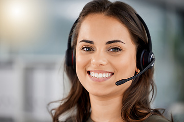 Image showing Young woman, call center portrait and smile telemarketing with headphones, microphone and communication. Girl, customer service and technical with consulting, contact us and happy in modern office