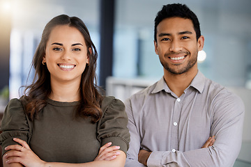 Image showing Happy, arms crossed and portrait of business people in office for teamwork, professional and pride. Smile, collaboration and solidarity with man and woman for entrepreneur, happiness and support