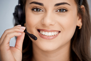 Image showing Contact us, portrait or happy woman in call center tech support consulting, speaking or talking. Communication, crm or face of happy consultant in telemarketing or telecom company with microphone