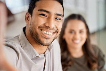 Image showing Happy, selfie and portrait of business people in the office for team building or partnership. Success, friends and corporate employees taking a picture together while working on project in workplace.