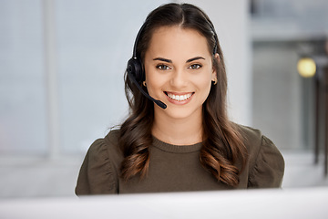 Image showing Customer service, portrait or happy woman in call center tech support consulting, speaking or talking. Communication, face or friendly consultant in telemarketing or telecom company with microphone